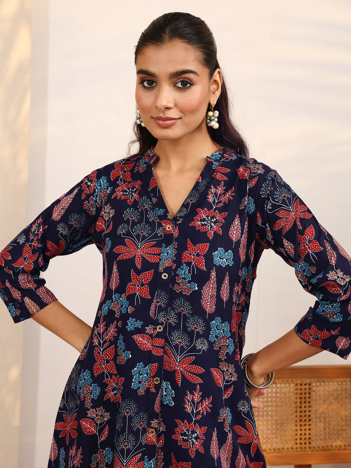 Navy Blue Floral Printed Silk Blend Straight Short Kurti
