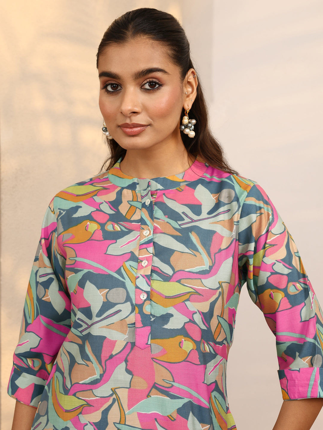 Multicolor Floral Printed Silk Blend Straight Short Kurti