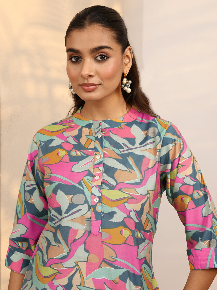 Multicolor Floral Printed Silk Blend Straight Short Kurti