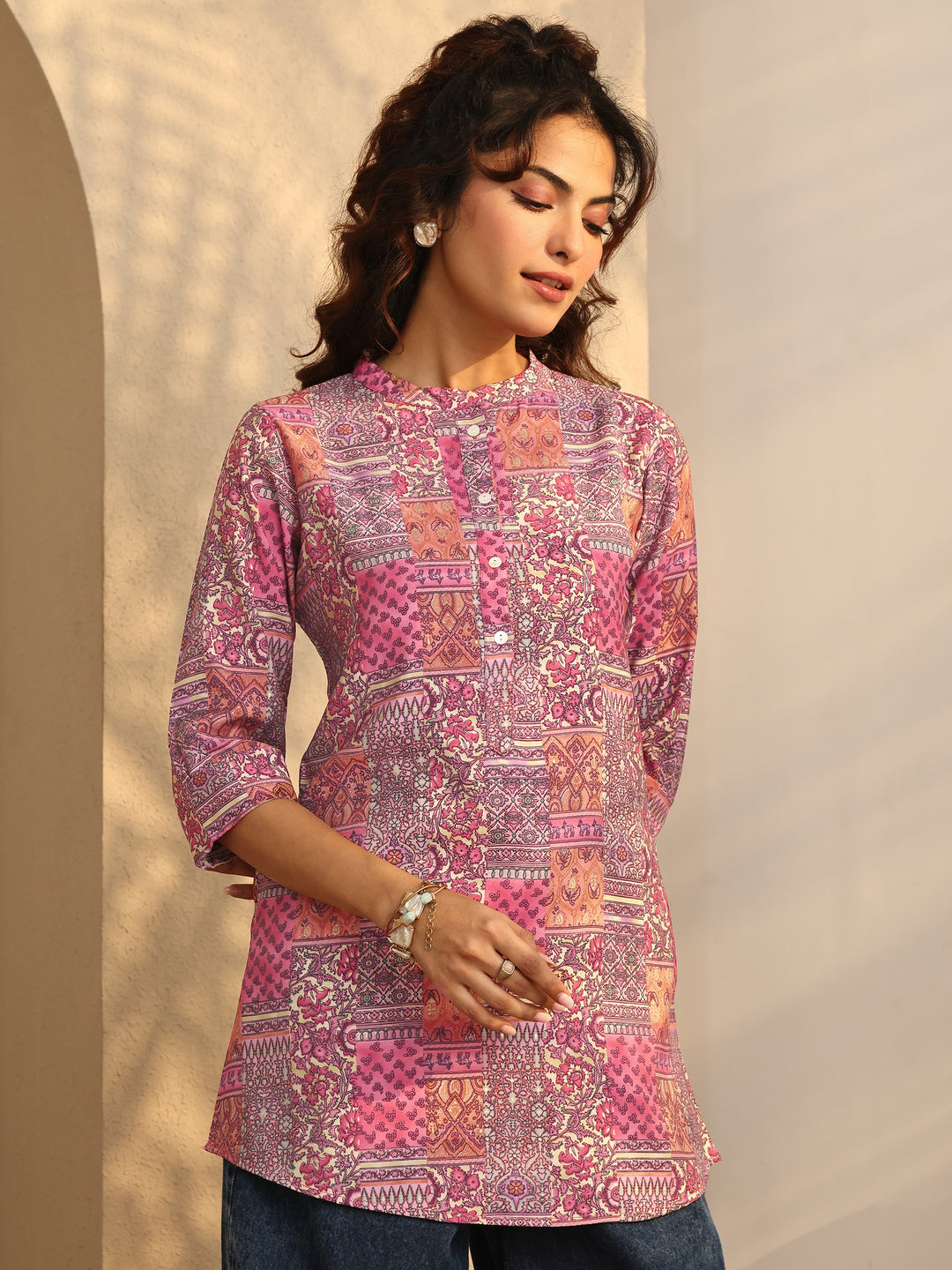 Peach Block Print Silk Blend Straight Short Kurti