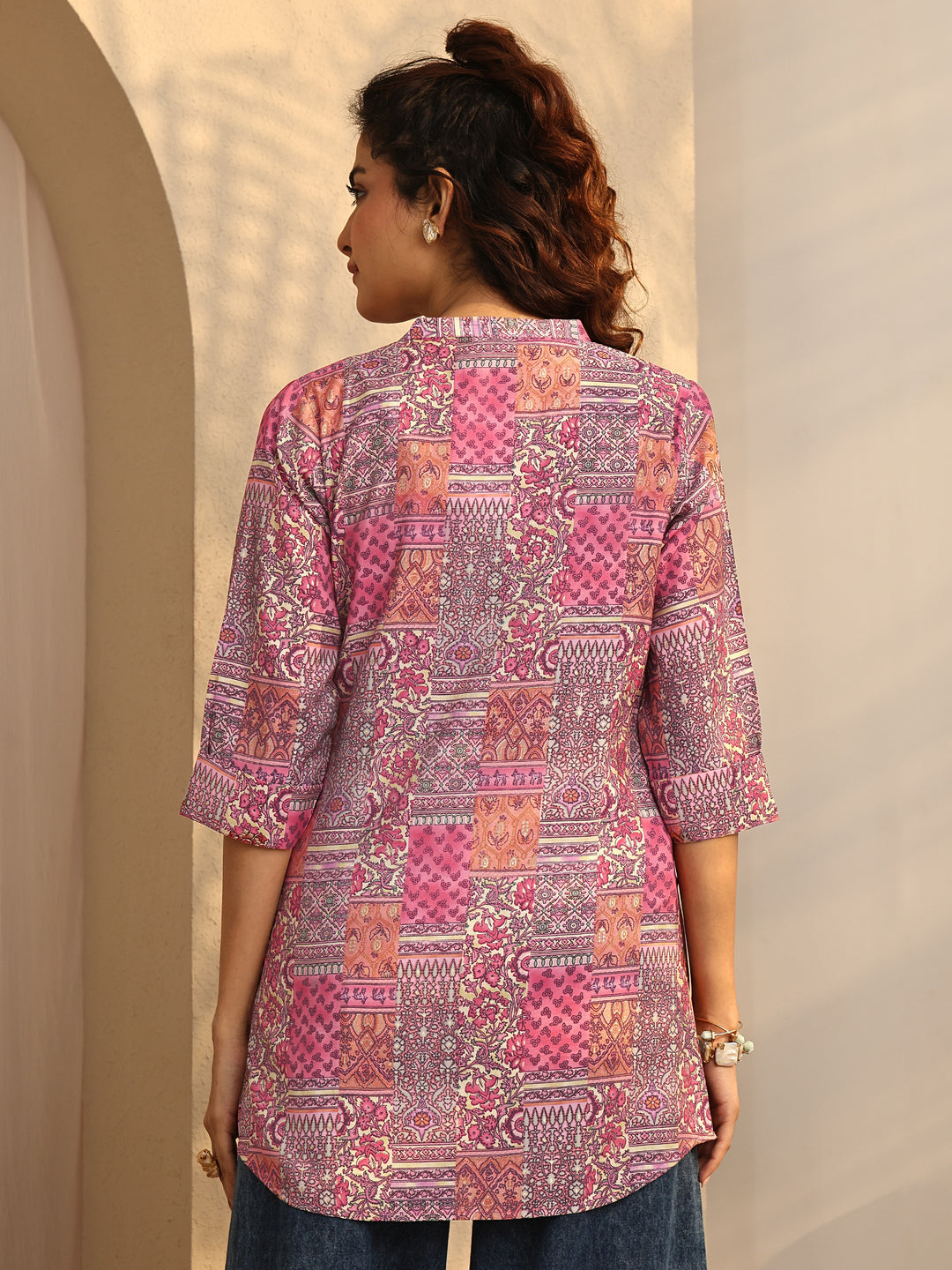 Peach Block Print Silk Blend Straight Short Kurti