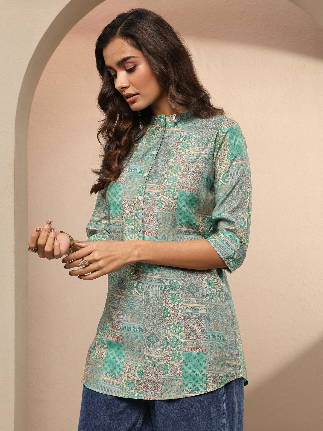 Green Block Printed Silk Blend Straight Short Kurti