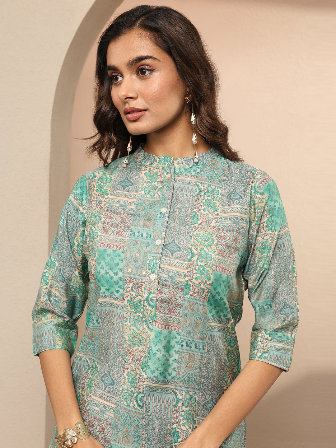 Green Block Printed Silk Blend Straight Short Kurti