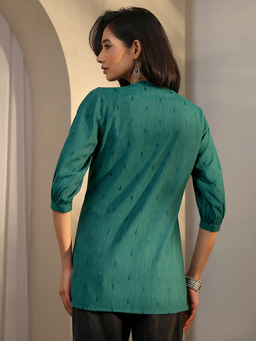 Green Woven Design Rayon Straight Short Kurti