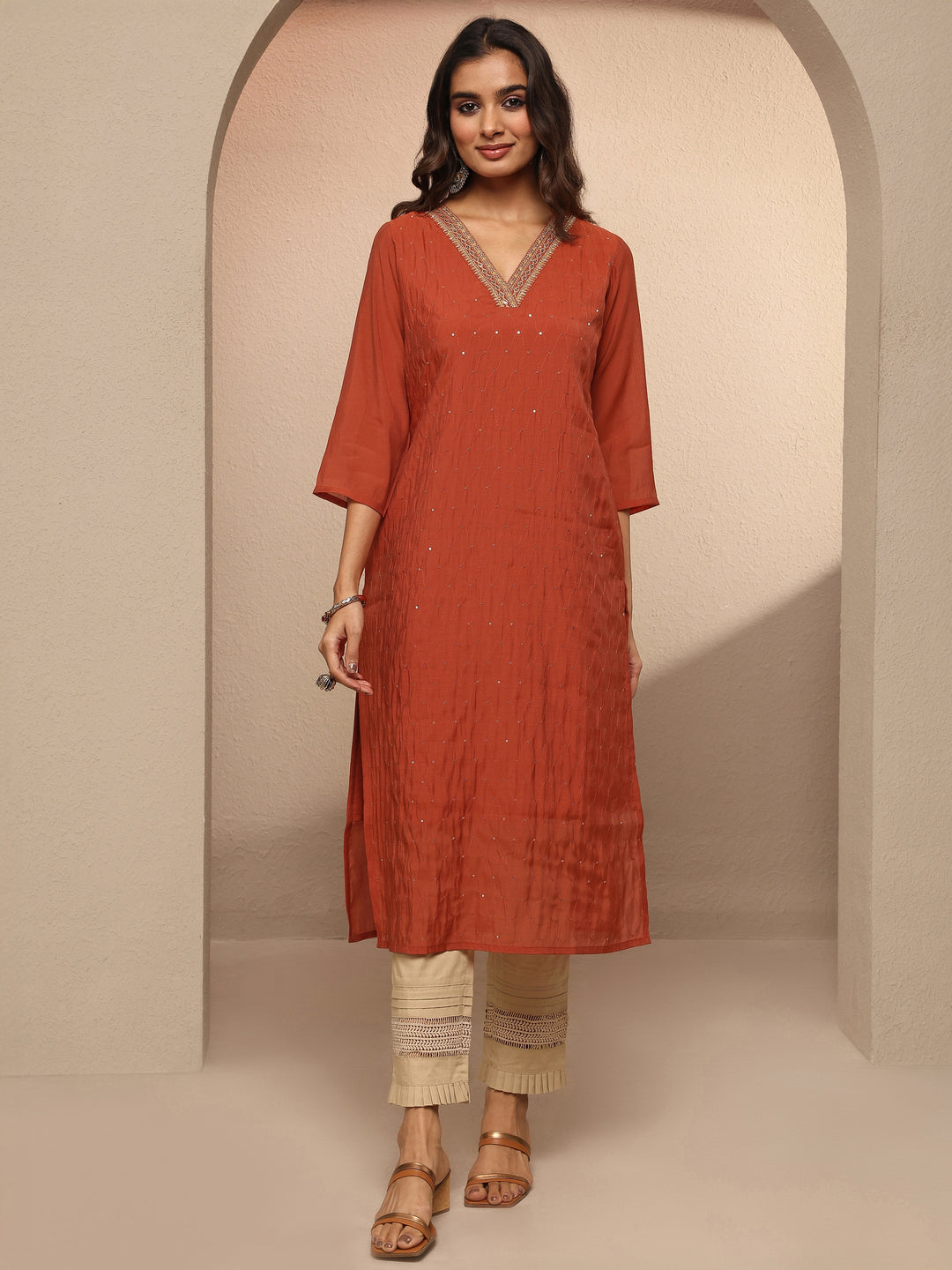 Rust Embellished Chanderi Cotton Straight Kurta