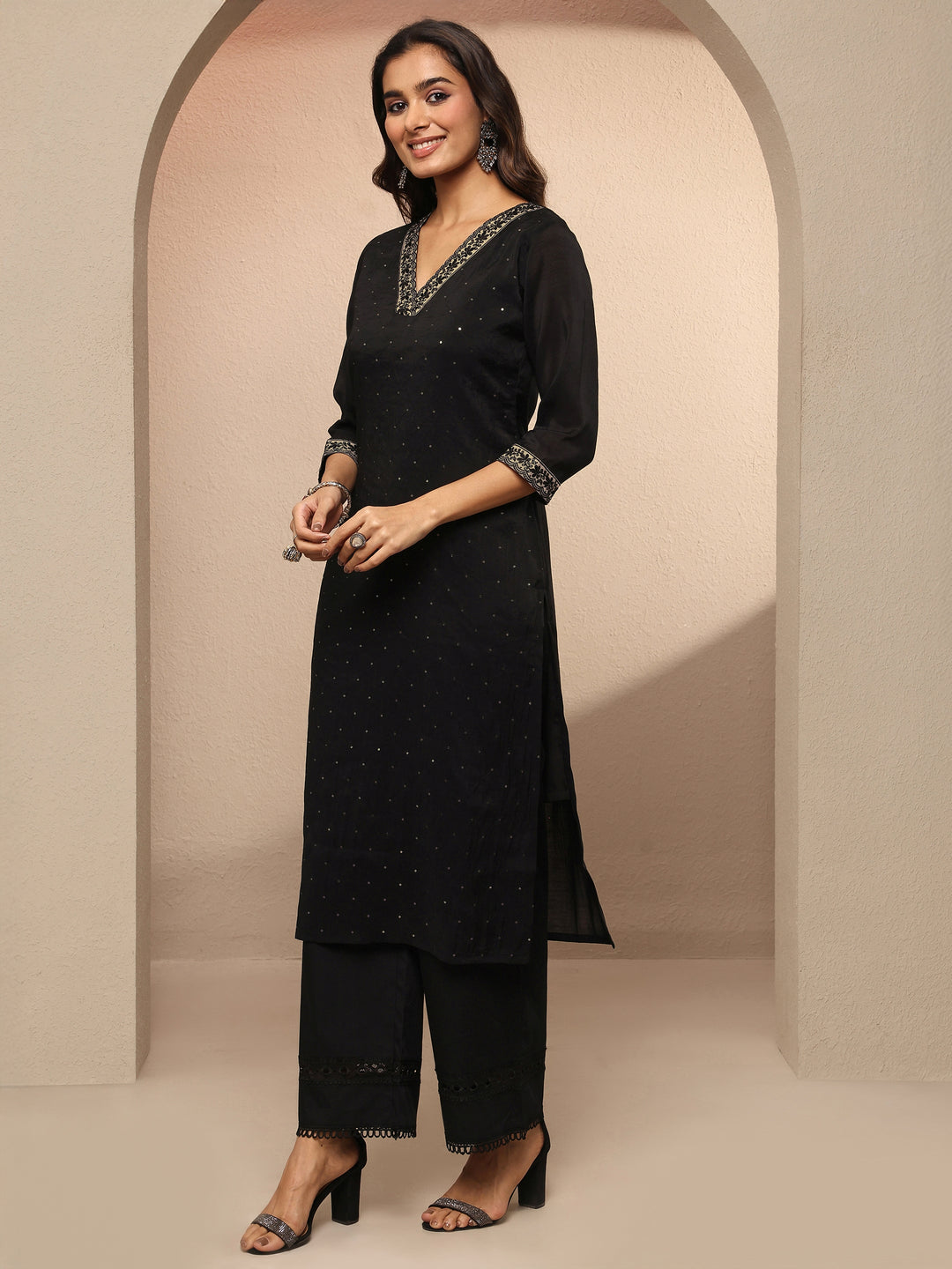 Black Embellished Chanderi Cotton Straight Kurta