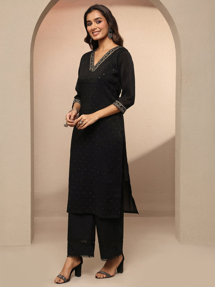 Black Embellished Chanderi Cotton Straight Kurta