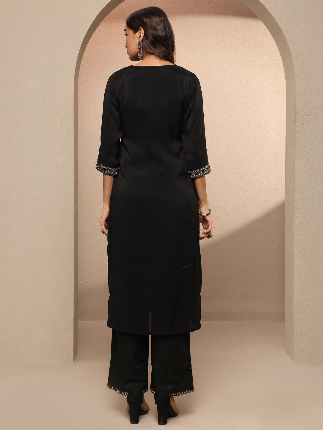 Black Embellished Chanderi Cotton Straight Kurta