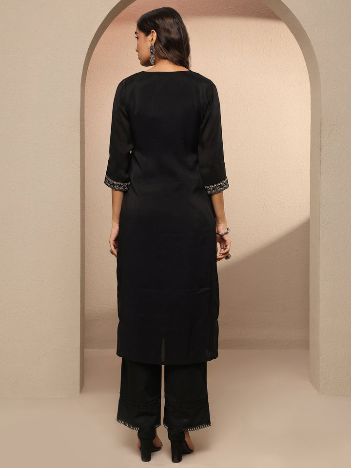 Black Embellished Chanderi Cotton Straight Kurta