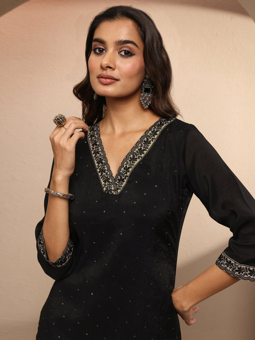 Black Embellished Chanderi Cotton Straight Kurta