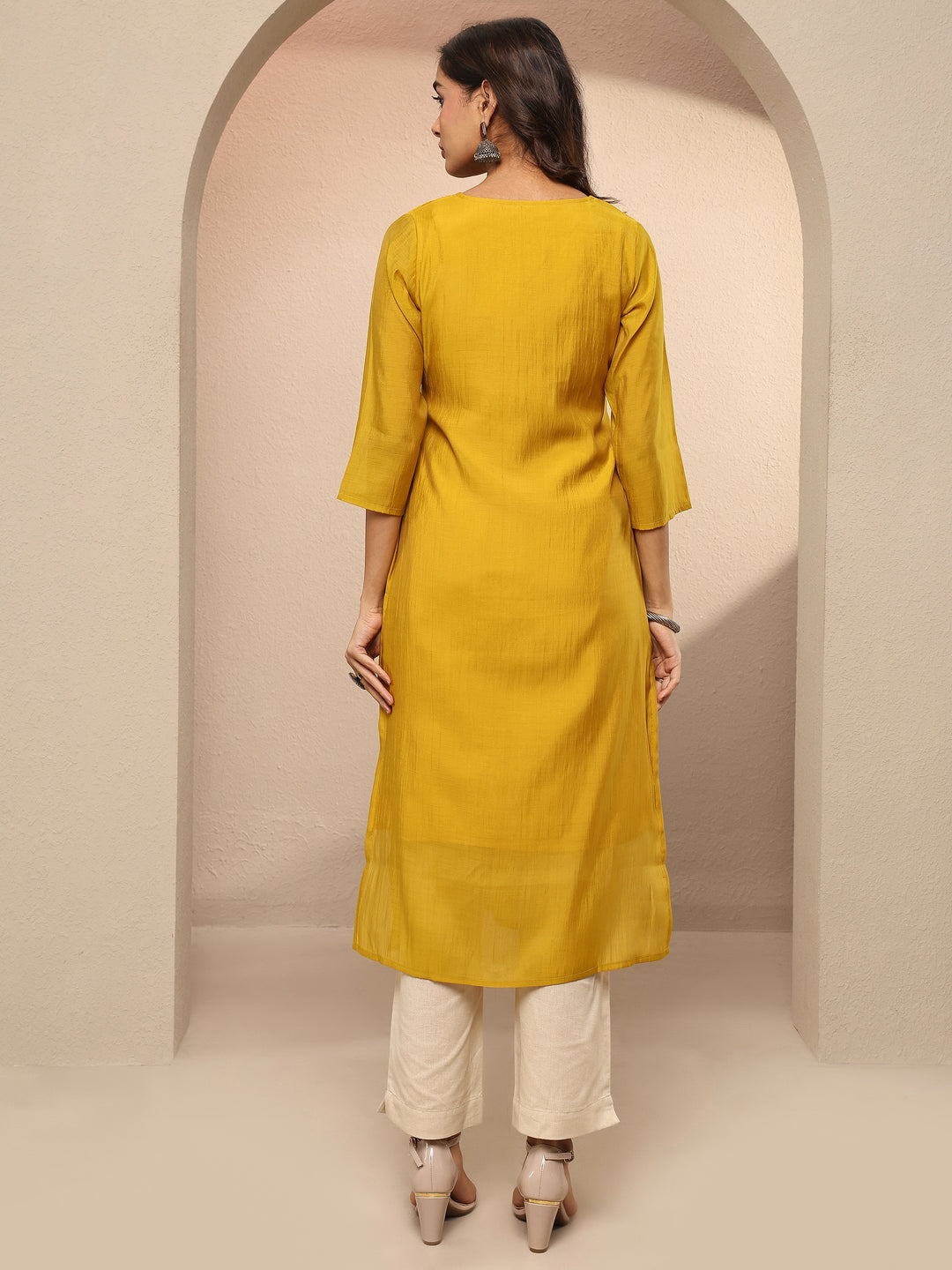 Mustard Embellished Chanderi Cotton Straight Kurta