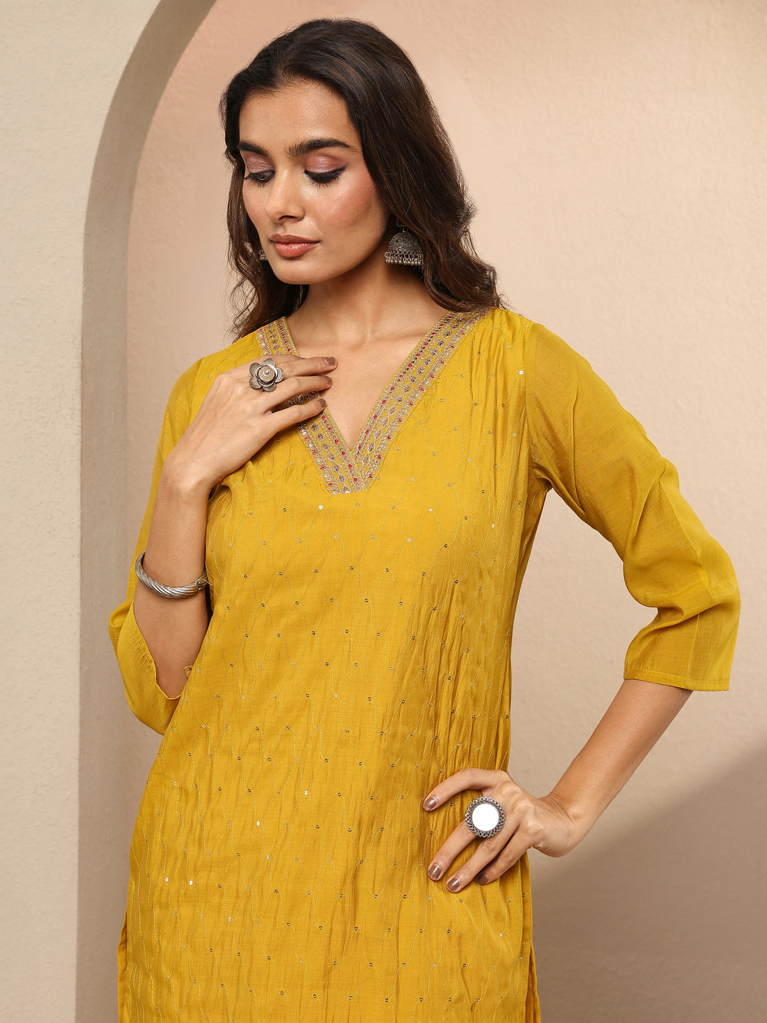 Mustard Embellished Chanderi Cotton Straight Kurta
