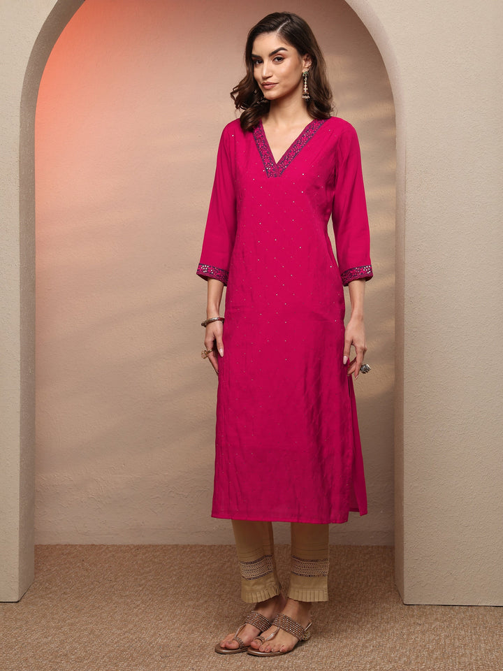 Pink Embellished Chanderi Cotton Straight Kurta