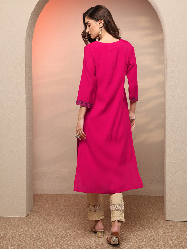 Pink Embellished Chanderi Cotton Straight Kurta