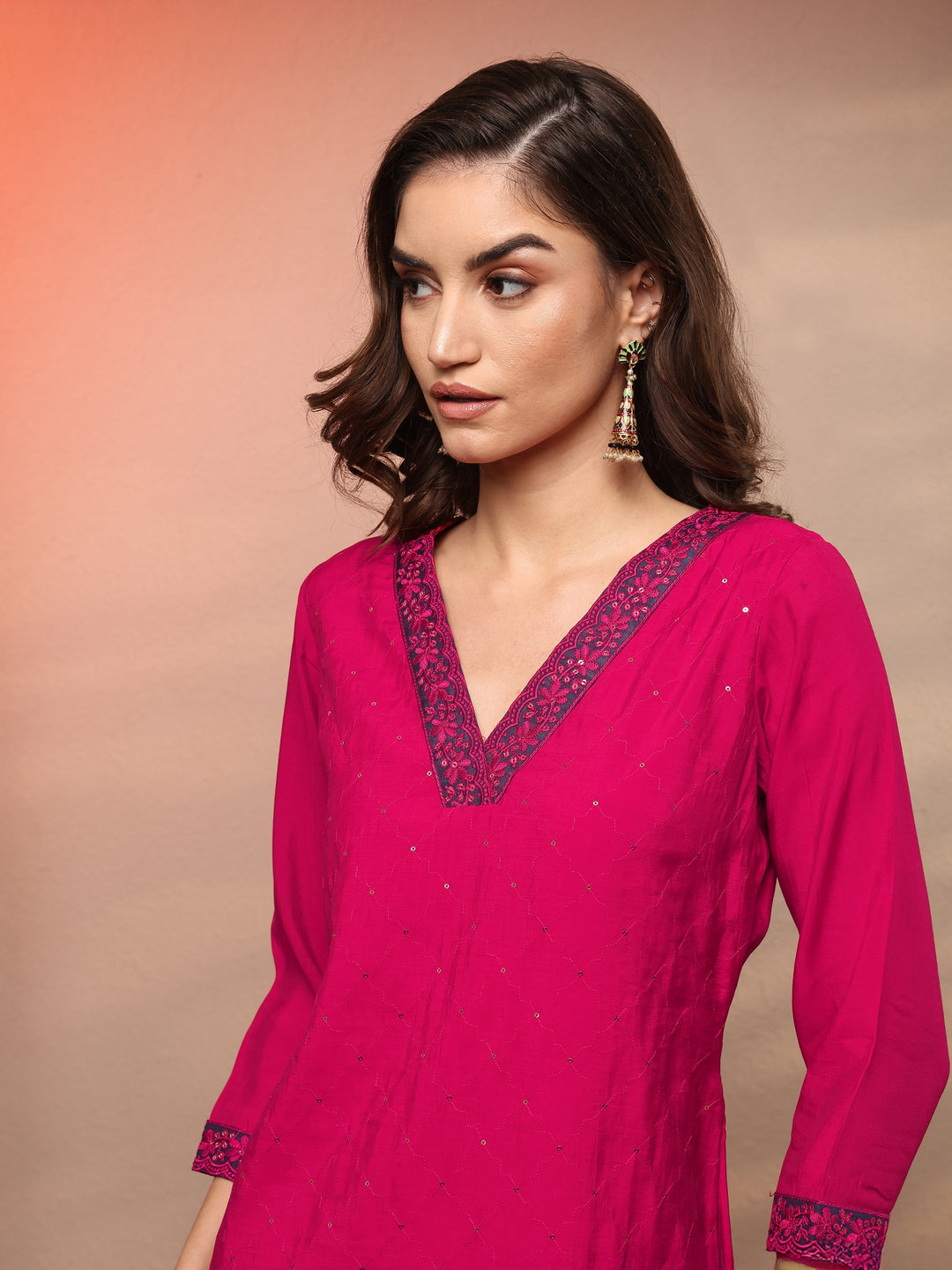 Pink Embellished Chanderi Cotton Straight Kurta