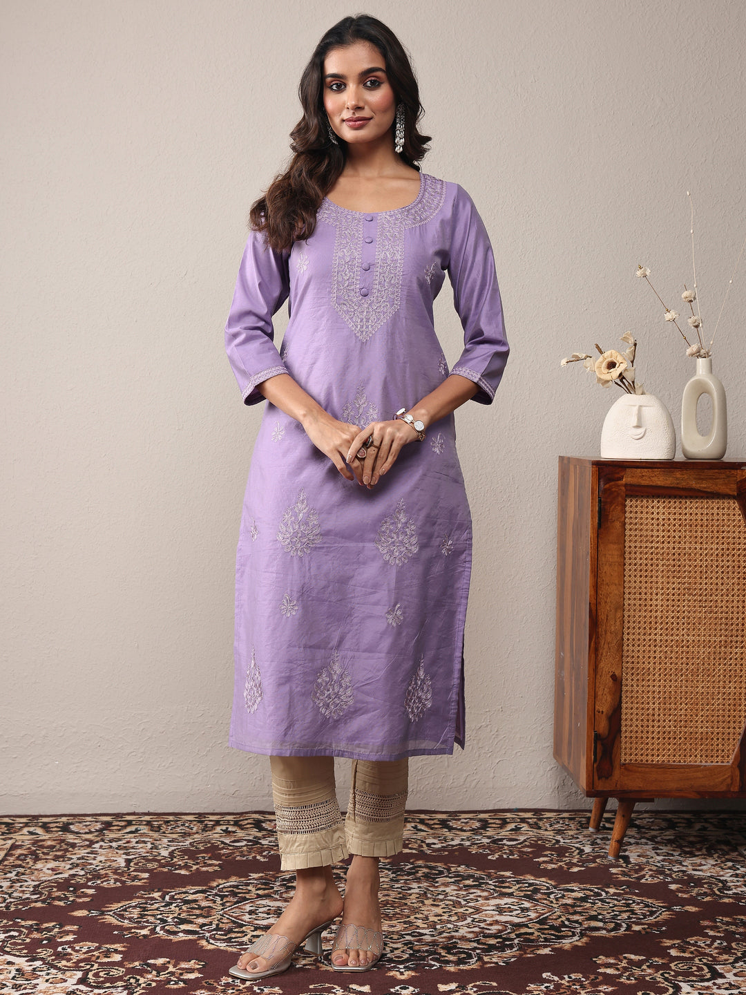 Lavender Floral Embroidered Chanderi Silk Straight Kurta
