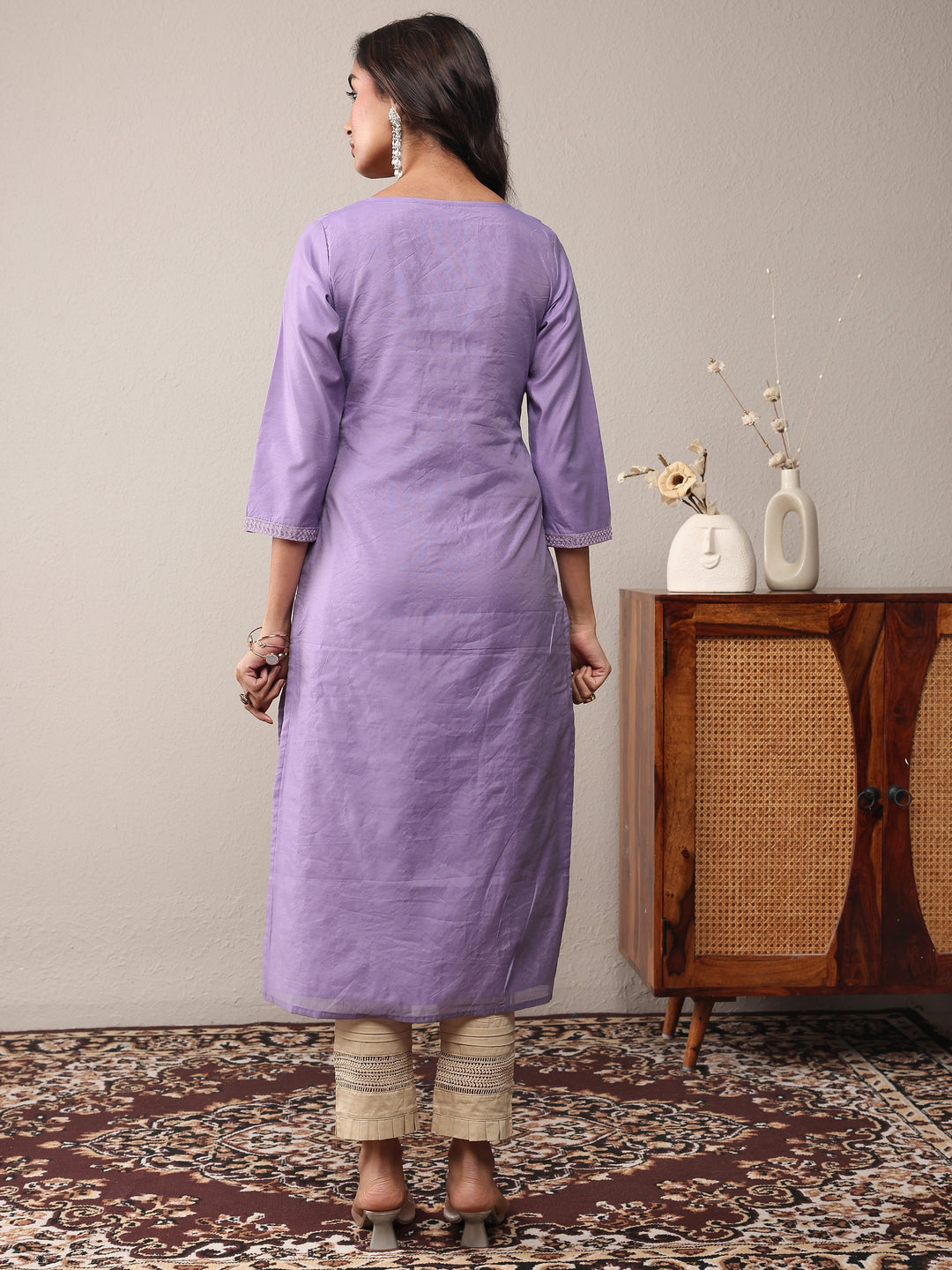 Lavender Floral Embroidered Chanderi Silk Straight Kurta