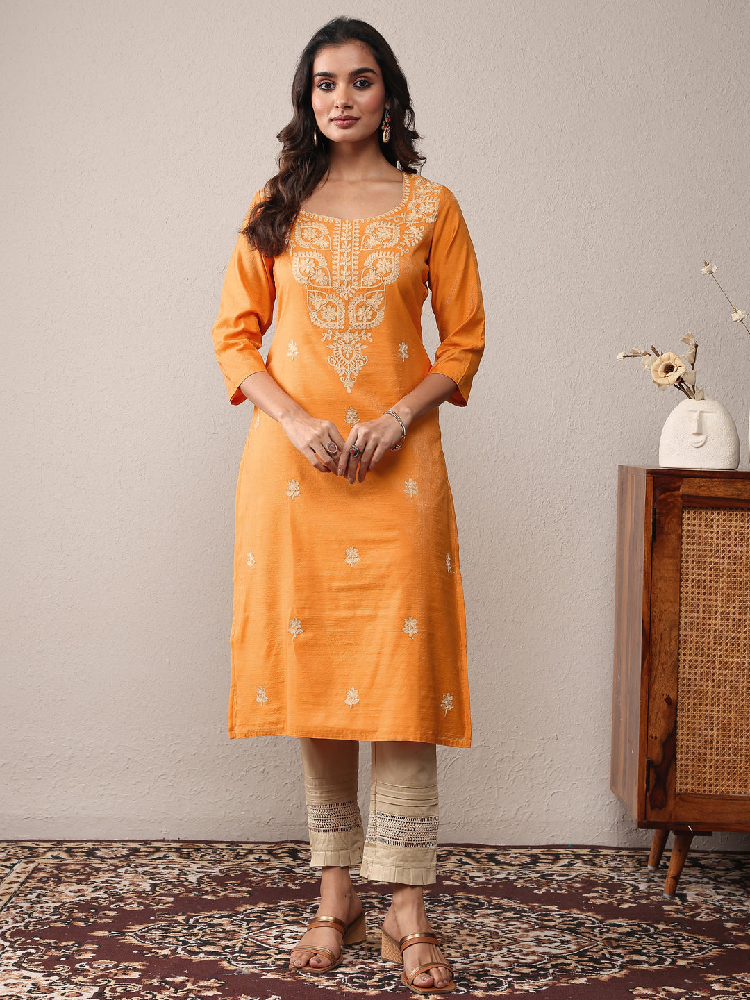 Mustard Floral Embroidered Chanderi Silk Straight Kurta