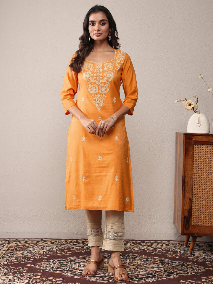Mustard Floral Embroidered Chanderi Silk Straight Kurta