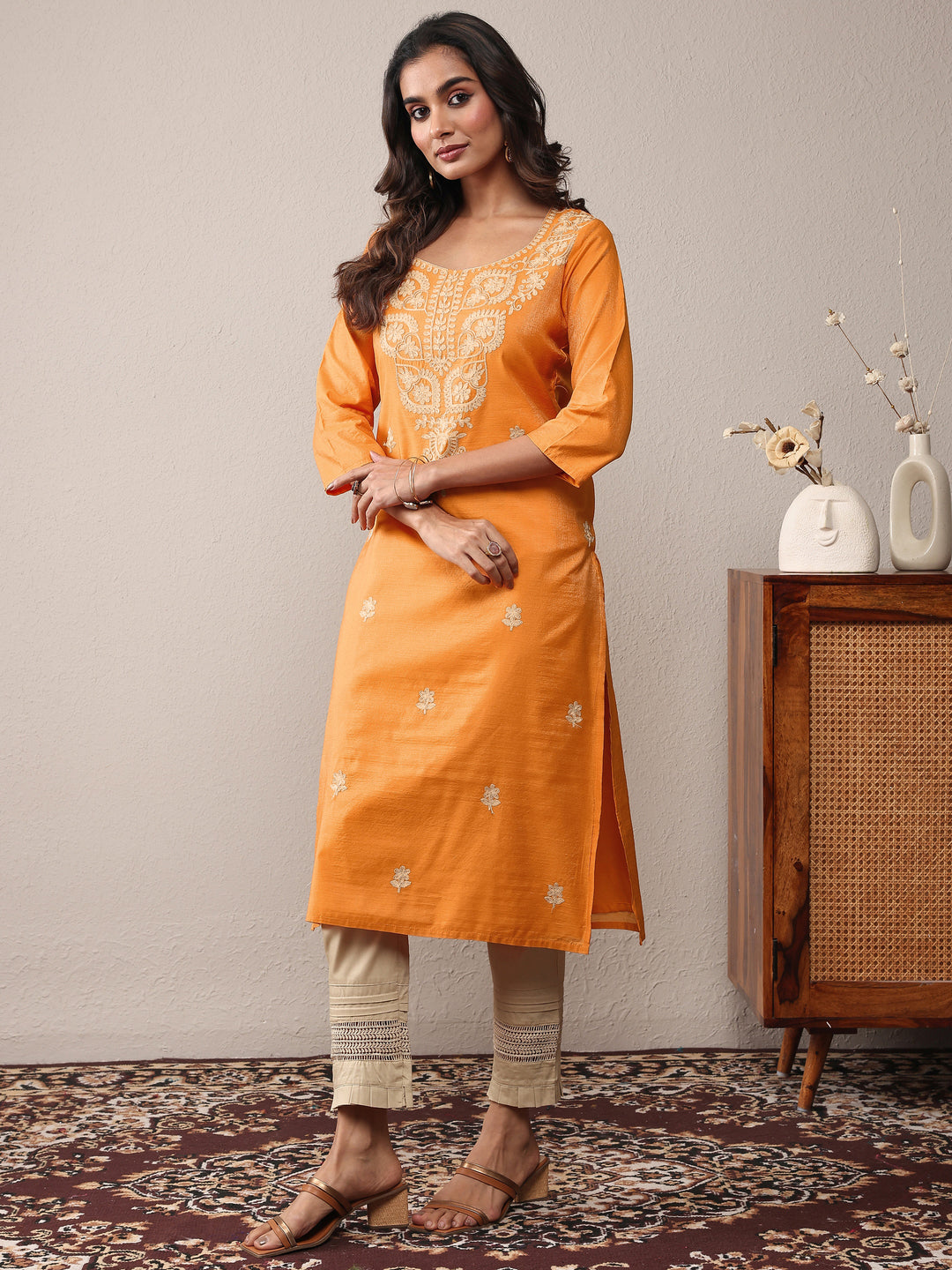 Mustard Floral Embroidered Chanderi Silk Straight Kurta
