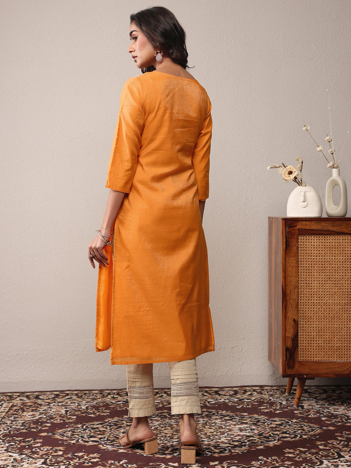 Mustard Floral Embroidered Chanderi Silk Straight Kurta