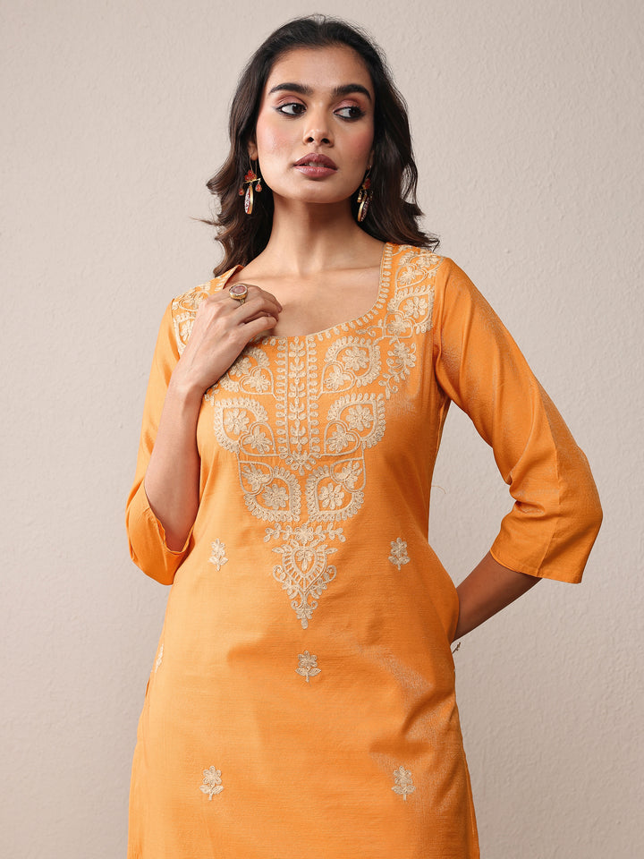Mustard Floral Embroidered Chanderi Silk Straight Kurta