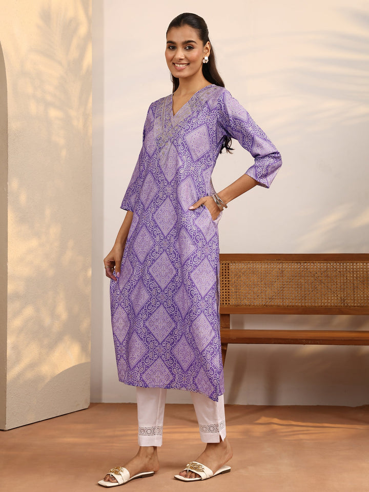 Lavender Bandhani Printed Silk Blend Straight Kurta