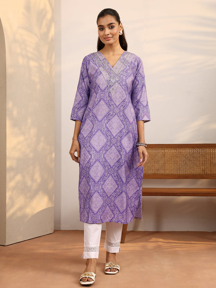 Lavender Bandhani Printed Silk Blend Straight Kurta