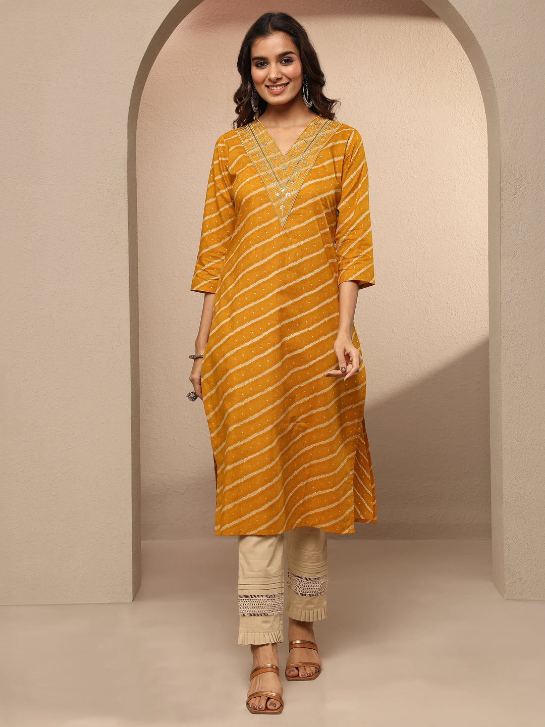 Mustard Leheriya Printed Cotton Straight Kurta