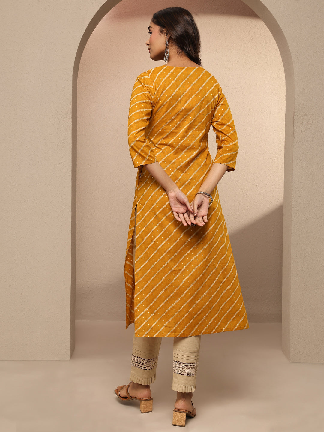 Mustard Leheriya Printed Cotton Straight Kurta