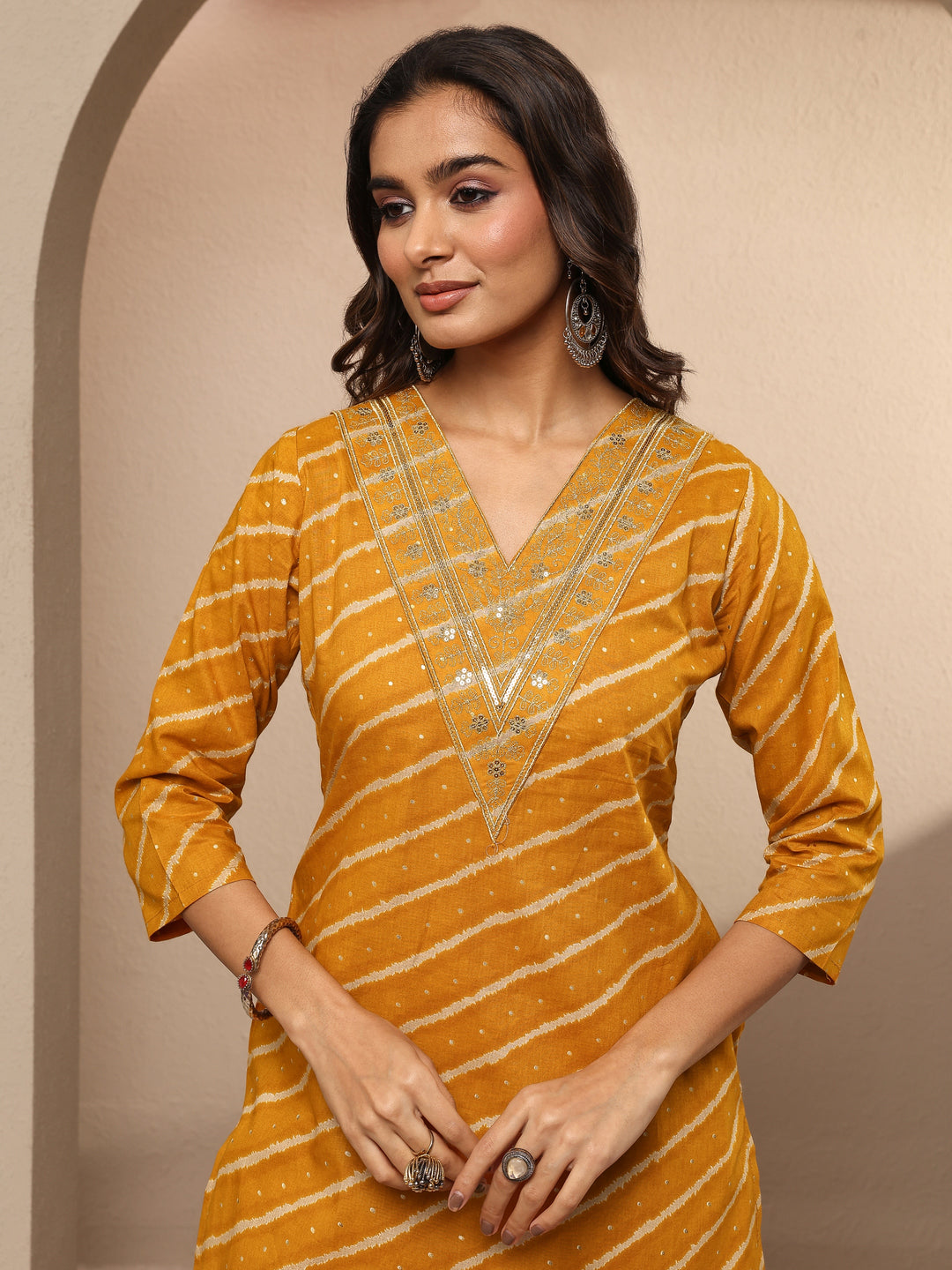 Mustard Leheriya Printed Cotton Straight Kurta