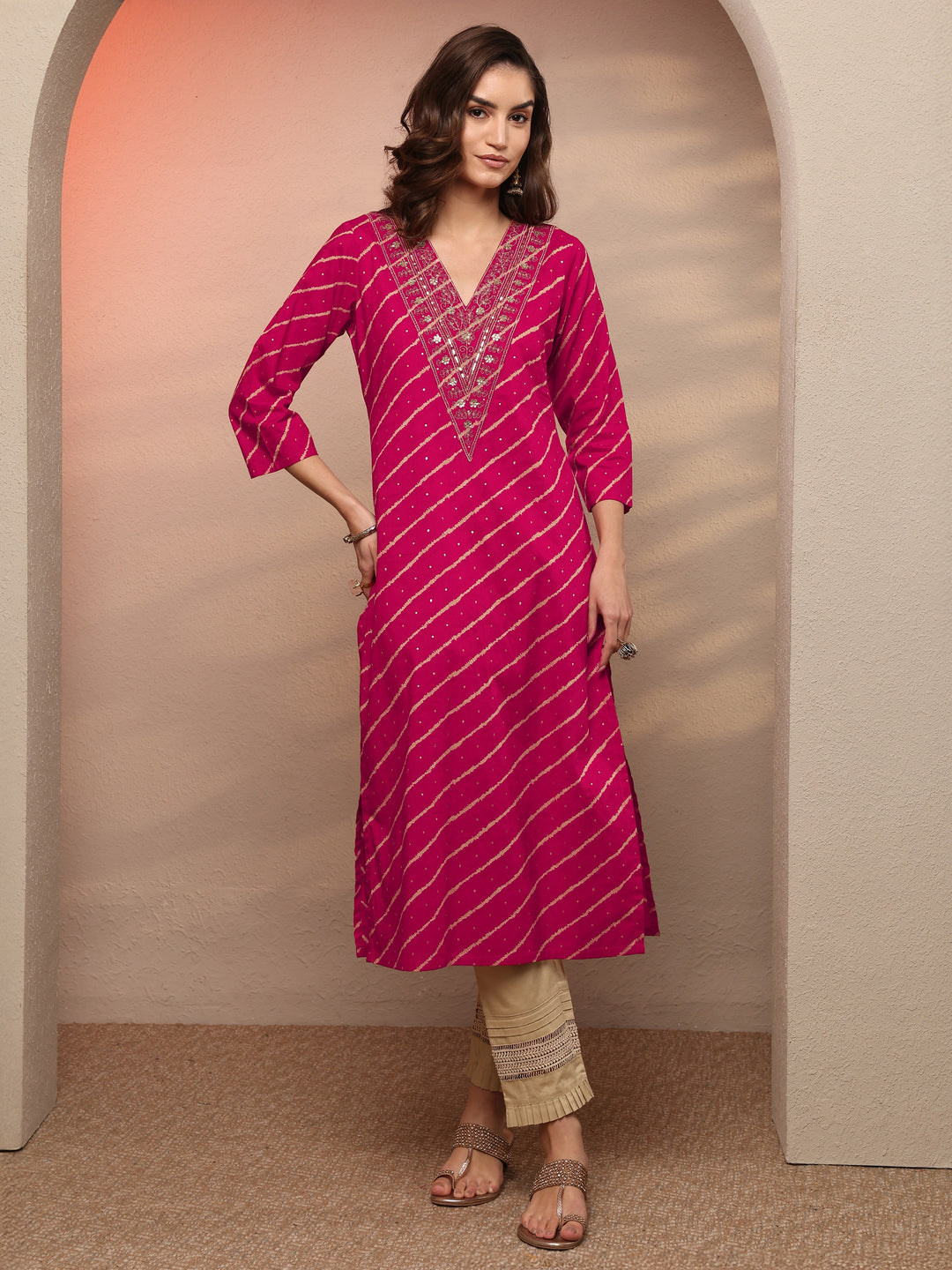 Pink Bandhani Printed Cotton Straight Kurta