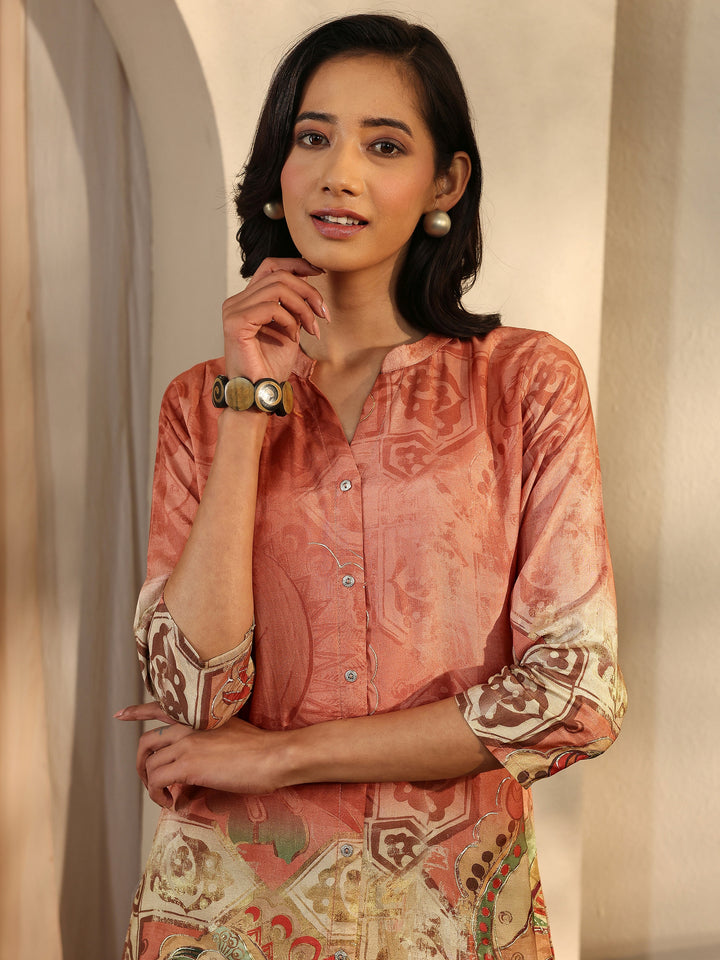Rust Heritage Printed Muslin Straight Short Kurti