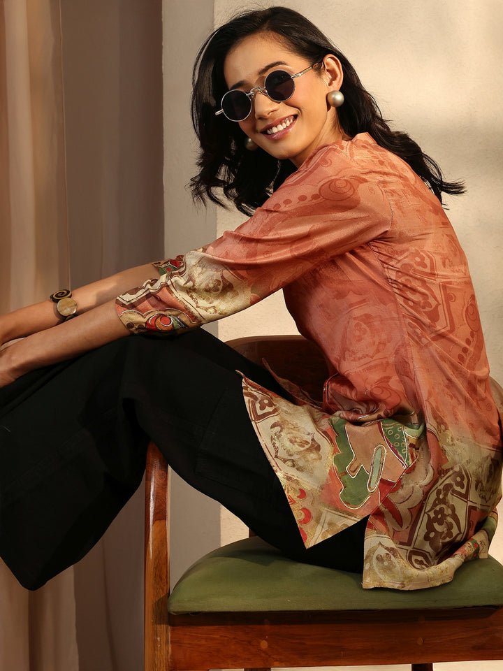 Rust Heritage Printed Muslin Straight Short Kurti
