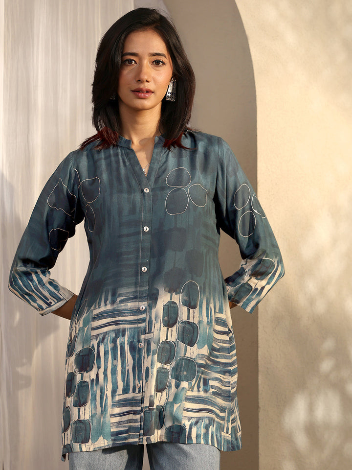 Teal Abstract Printed Muslin Straight Short Kurti