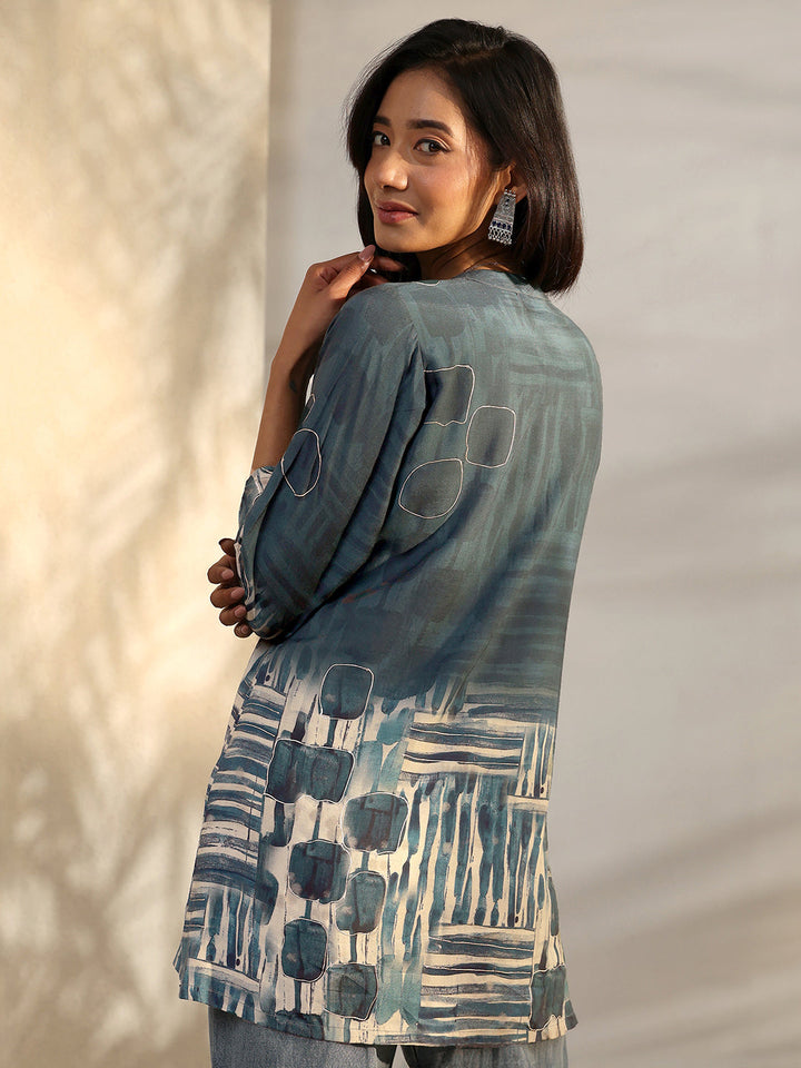 Teal Abstract Printed Muslin Straight Short Kurti