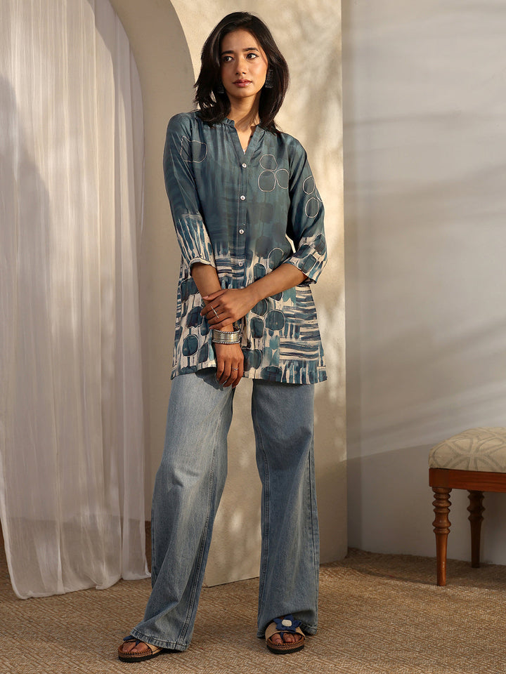 Teal Abstract Printed Muslin Straight Short Kurti