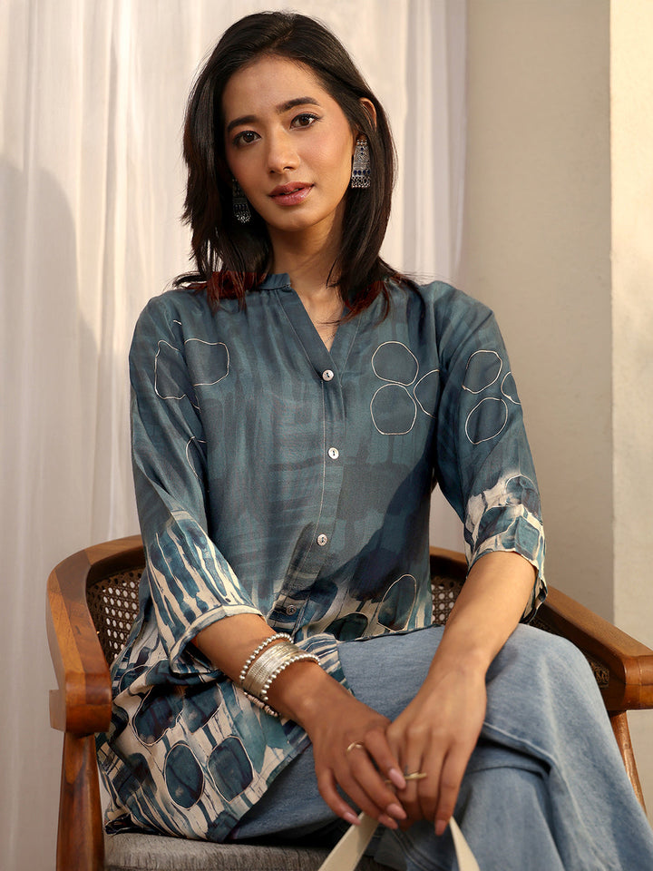 Teal Abstract Printed Muslin Straight Short Kurti