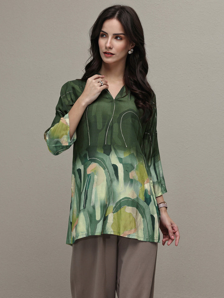Libas Green Abstract Printed Silk Blend Straight Short Kurti