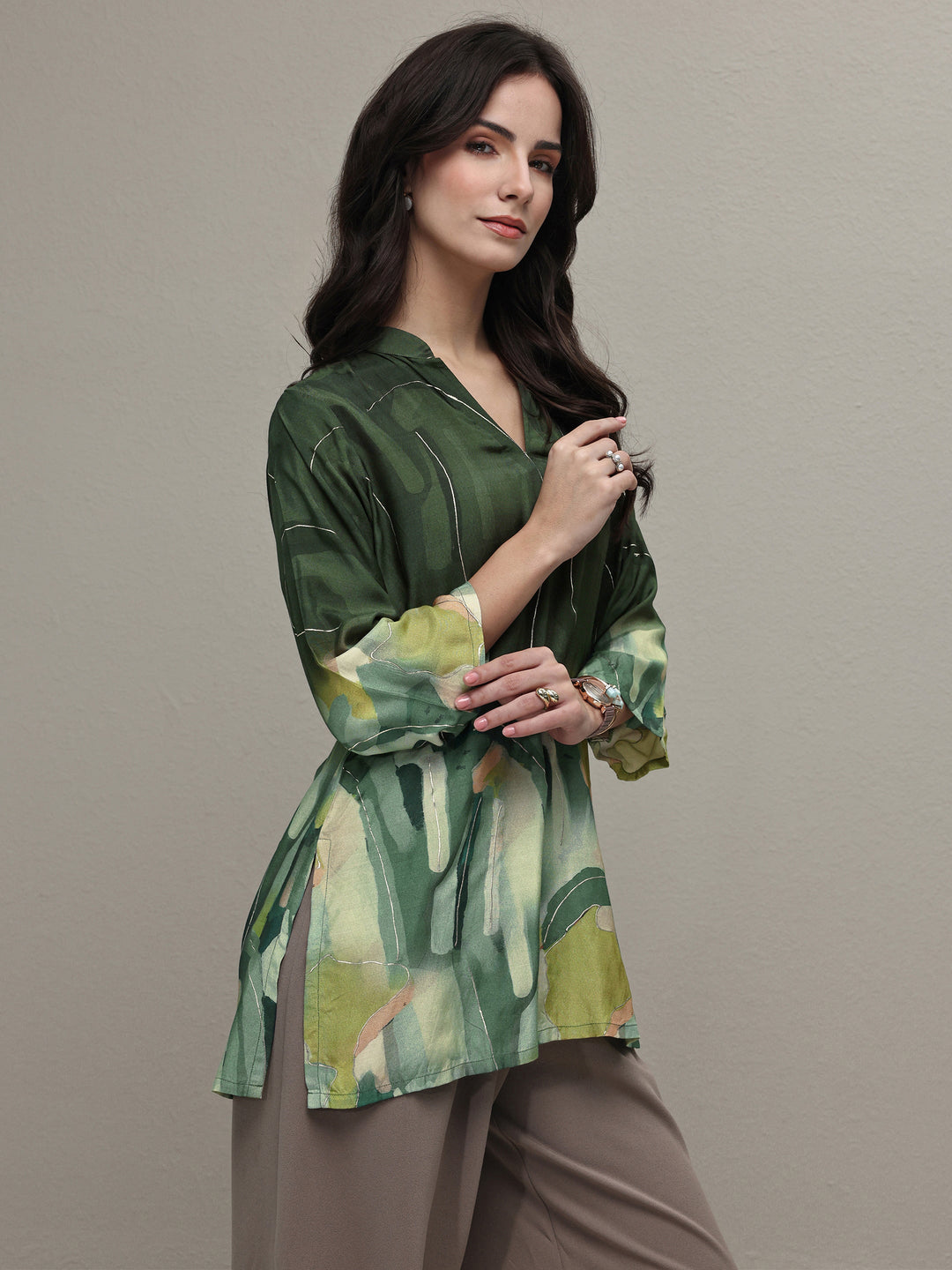 Libas Green Abstract Printed Silk Blend Straight Short Kurti