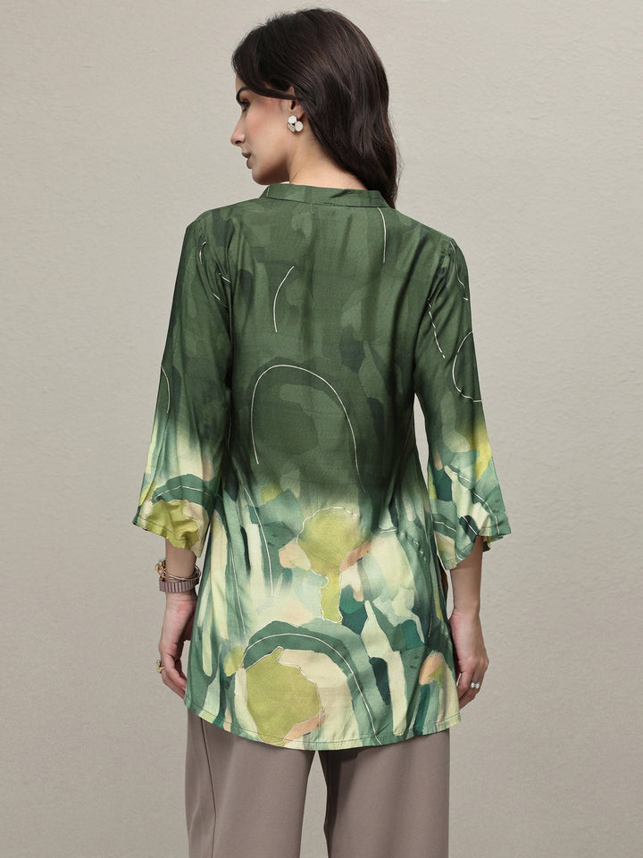 Libas Green Abstract Printed Silk Blend Straight Short Kurti