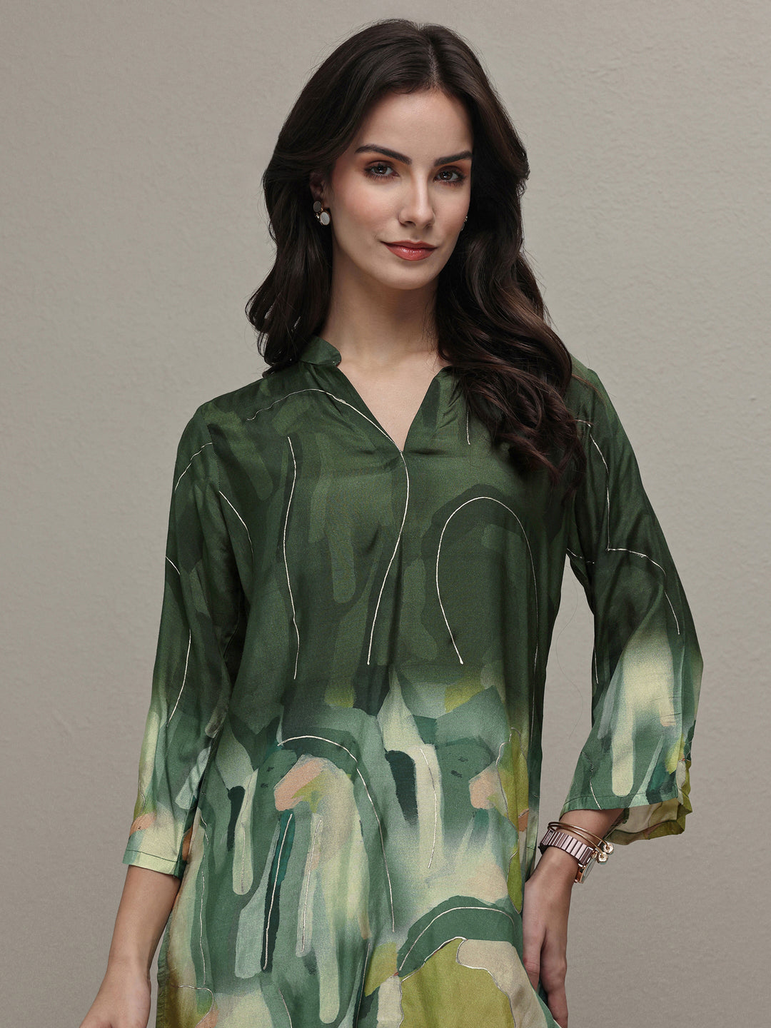 Libas Green Abstract Printed Silk Blend Straight Short Kurti