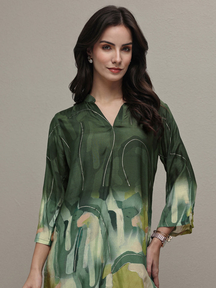 Libas Green Abstract Printed Silk Blend Straight Short Kurti