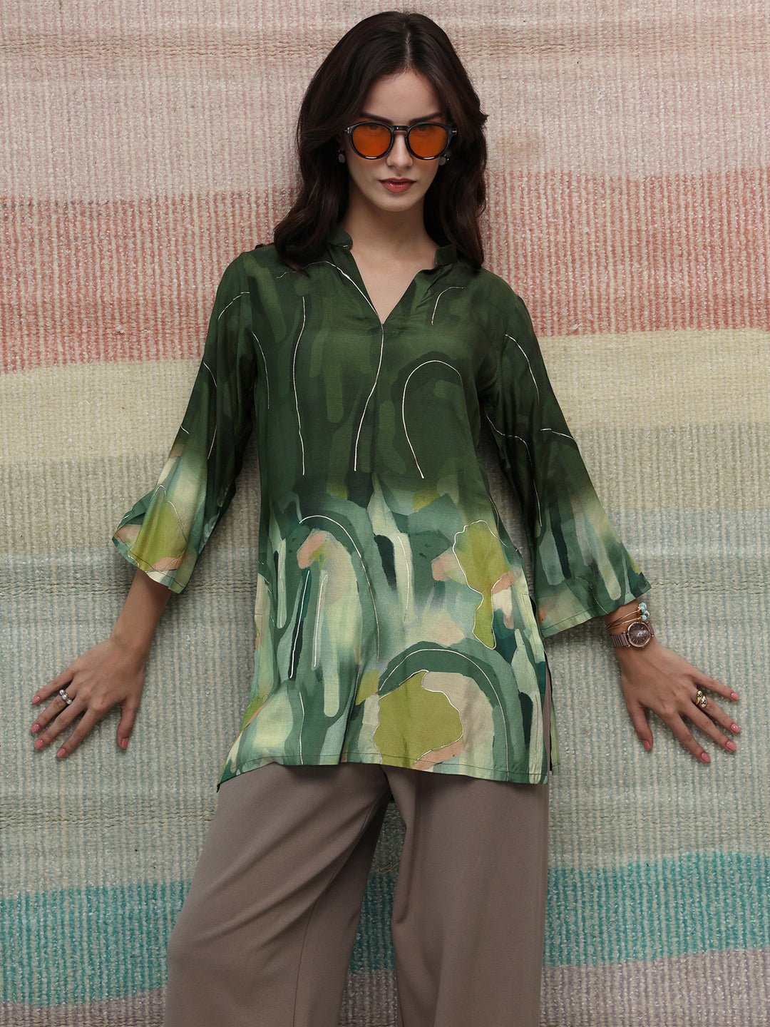 Libas Green Abstract Printed Silk Blend Straight Short Kurti
