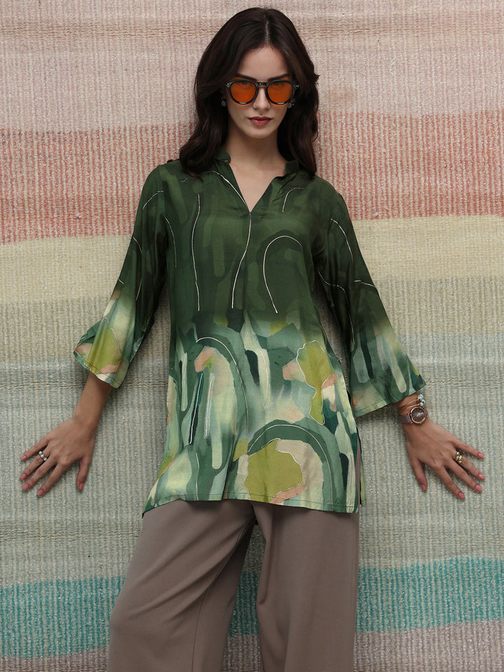 Libas Green Abstract Printed Silk Blend Straight Short Kurti