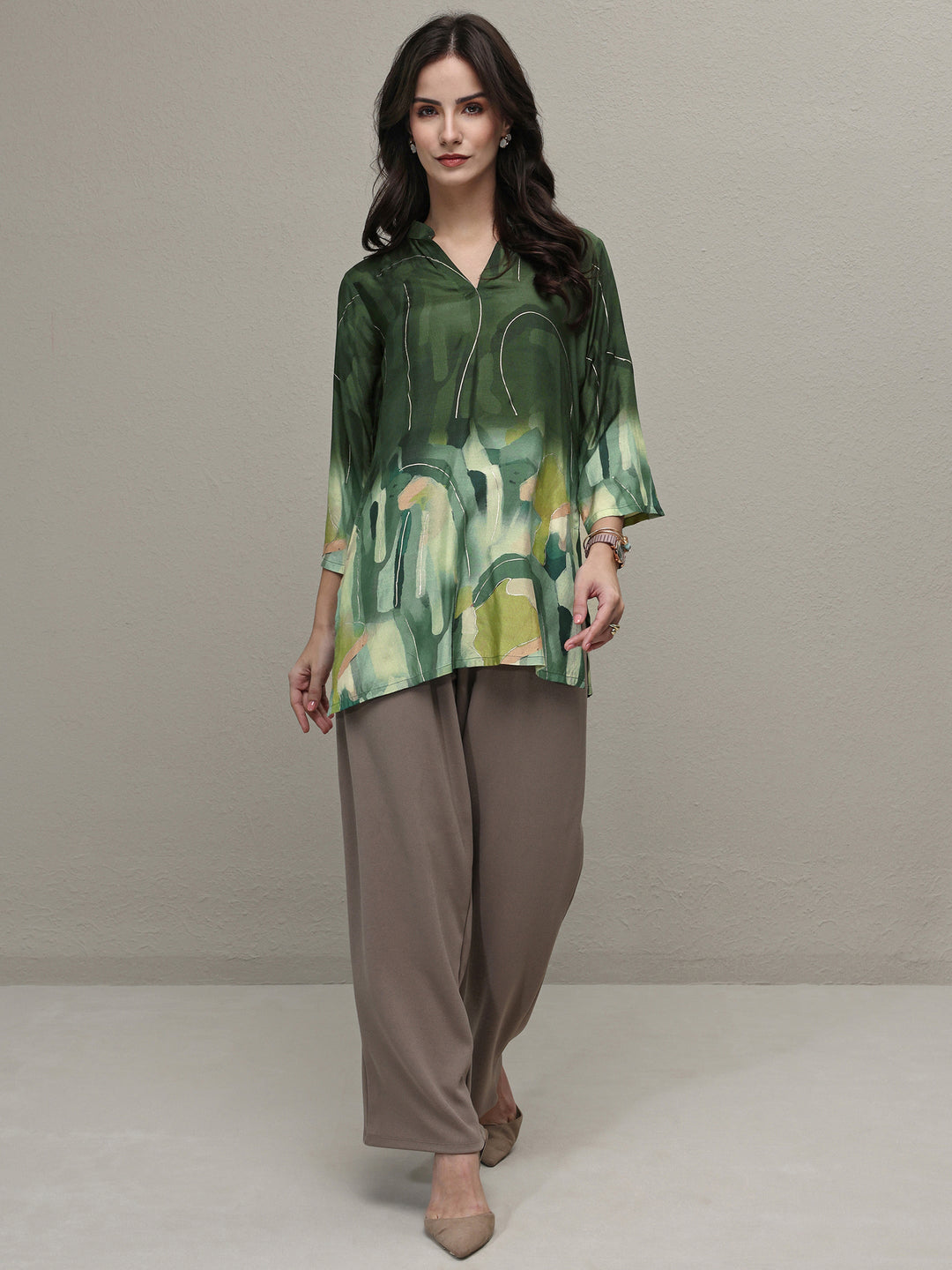 Libas Green Abstract Printed Silk Blend Straight Short Kurti