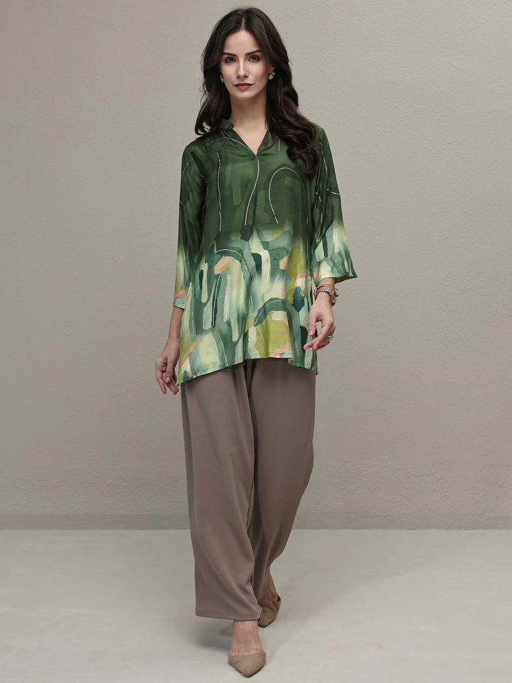 Libas Green Abstract Printed Silk Blend Straight Short Kurti