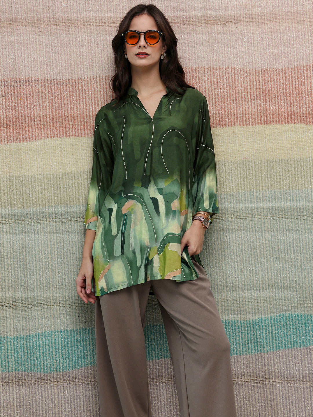 Libas Green Abstract Printed Silk Blend Straight Short Kurti