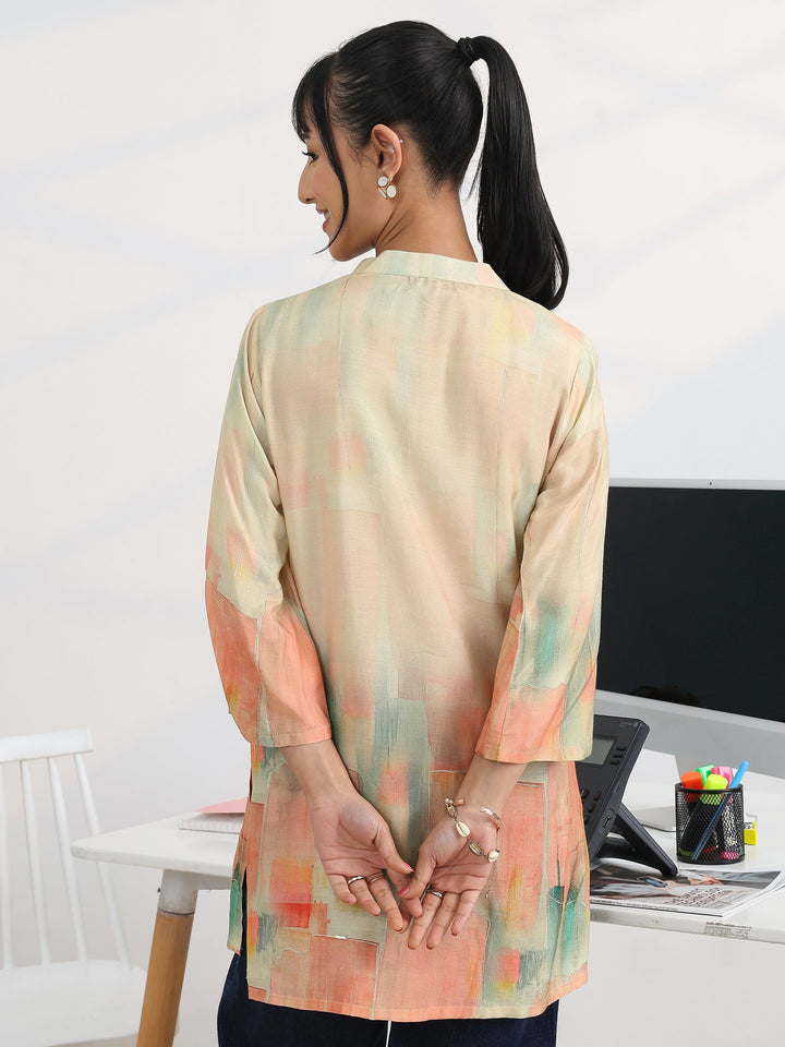 Peach Abstract Printed Silk Blend Straight Short Kurti
