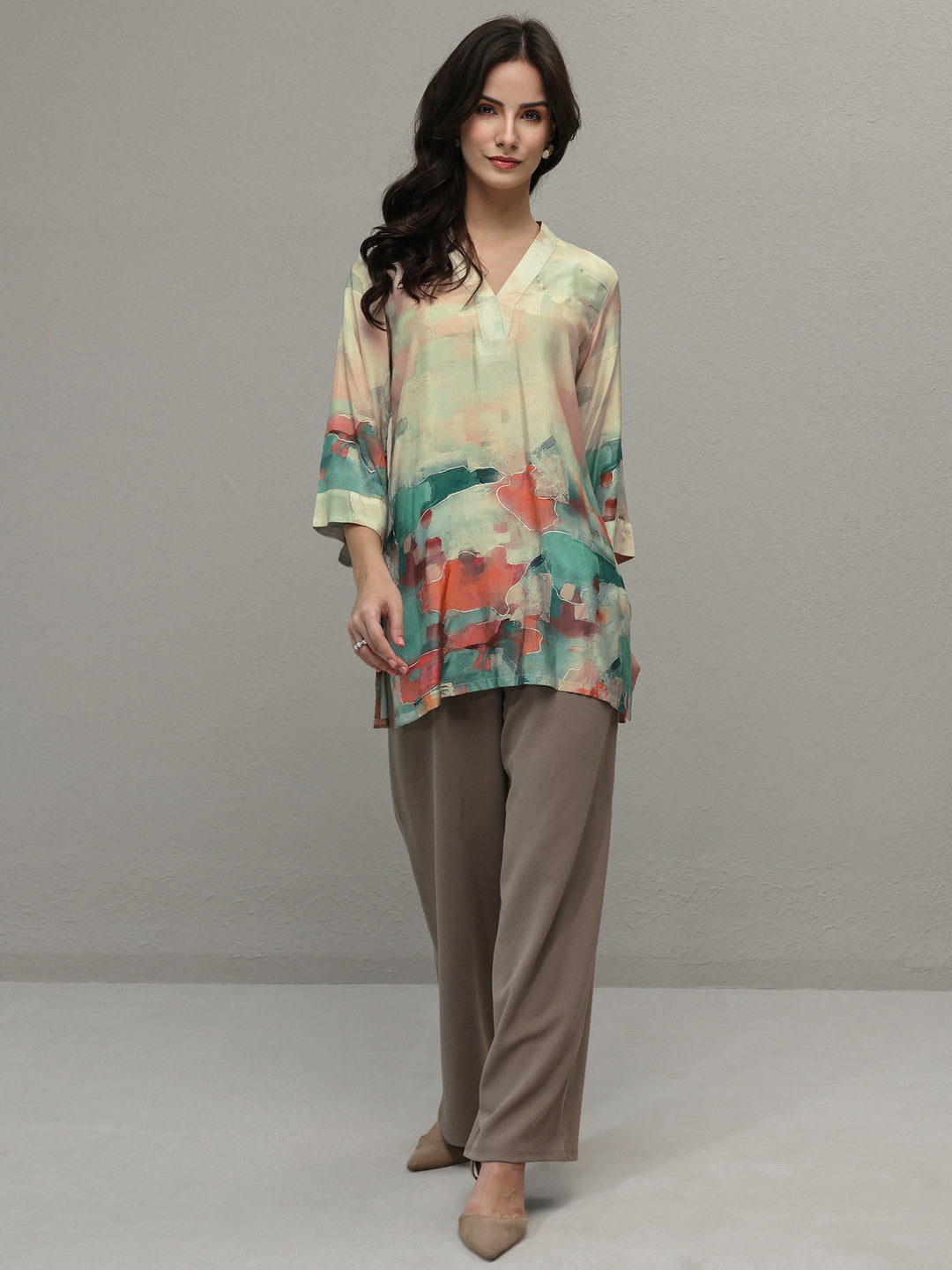 Beige Abstract Printed Muslin Straight Short Kurti